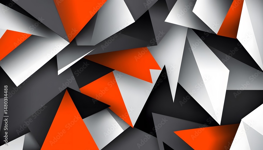Poster abstract geometric pattern of overlapping triangles in orange, white, and black.