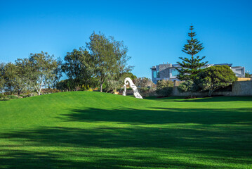 Beautiful Green Lawn in Beachside Park with Modern Artistic Sculpture at Burns Beach, City of Joondalup, Western Australia, 11 April 2020