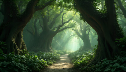 Enchanted Forest Pathway with Sunlight Filtering Through Trees