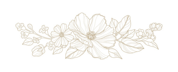 Hand drawn floral frame in line art style. Elegant composition of flowers, stems and leaves. Trendy botanical elements. Vector illustration  © Victory