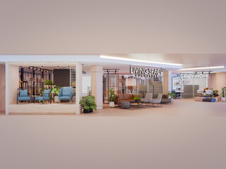 Sofas and chairs in living space. 3d rendering of furniture store.