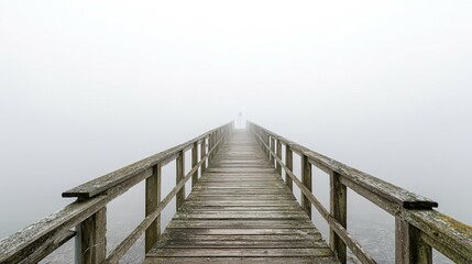 Foggy wooden pier extending into a hazy distance.