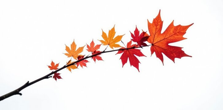 Single maple branch extending upwards towards the left on a white background, tree, curve, branches