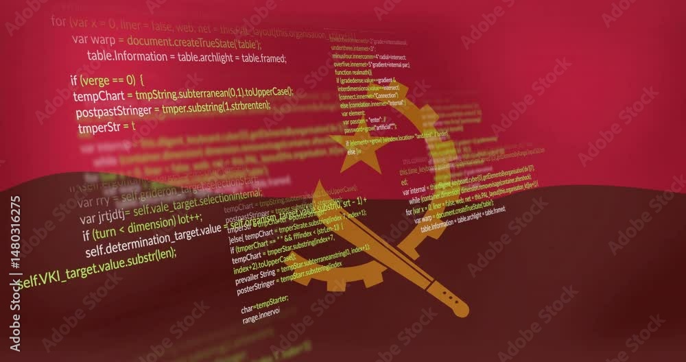 Aufkleber bright yellow angola emblem spinning above red black bicolor background showing javascript code
