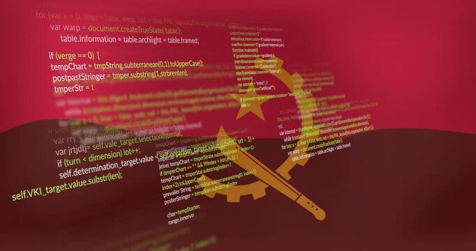 Bright yellow Angola emblem spinning above red black bicolor background showing JavaScript code