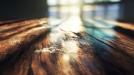 Rustic wood floorboards catching sunlight in interior space low angle close up texture and grain detail