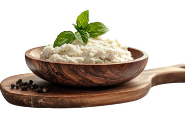 Creamy Ricotta Dish Basil Garnish Wooden Bowl Italian Food on transparent background