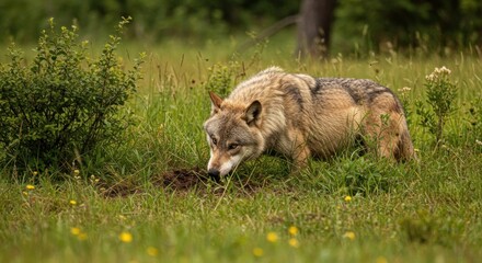 Fototapeta premium Wolf in the meadow, photo