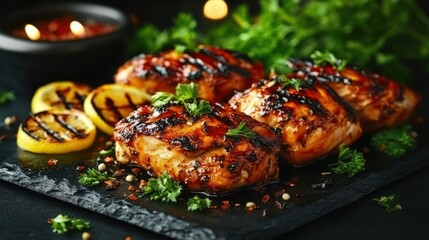 Grilled chicken breasts with lemon slices and herbs