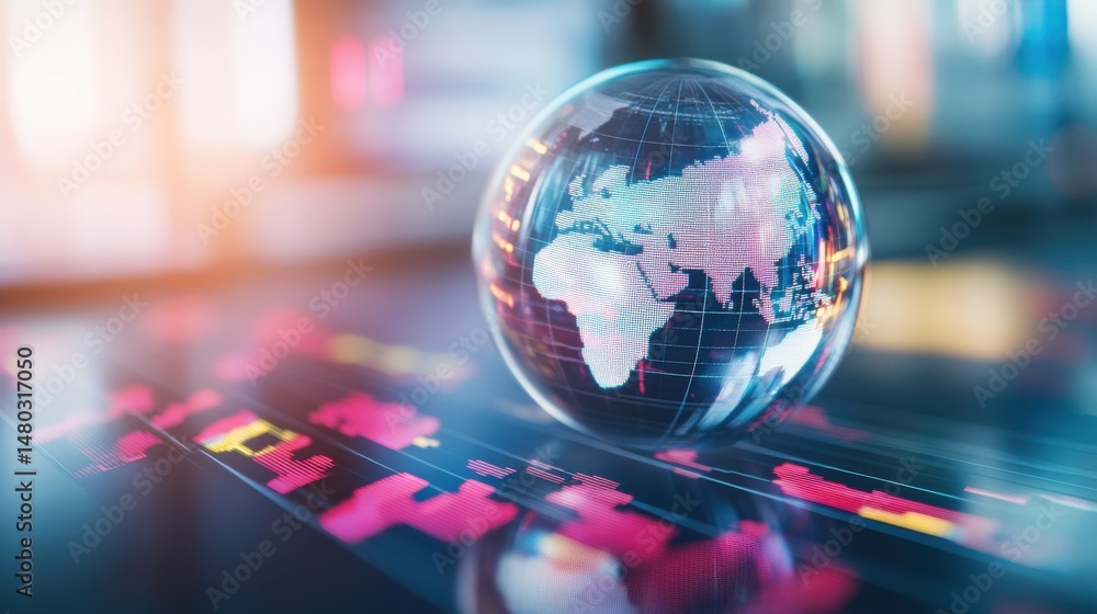 Poster globe with digital map overlay on abstract background in soft focus