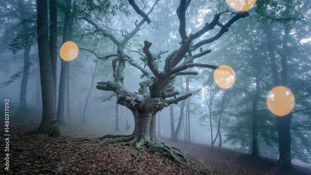 Poster fogginess in a spooky wood under moonlight with abstract bokeh generative ai