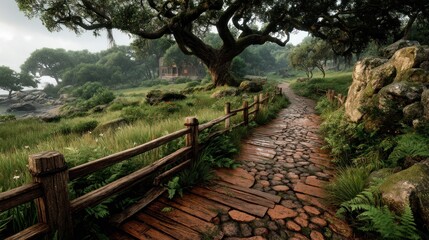 Paved path through lush woods