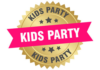 kids party. kids party round pink and gold label isolated on transparent background