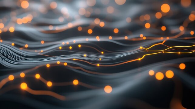 Abstract wave pattern with glowing particles in dark background