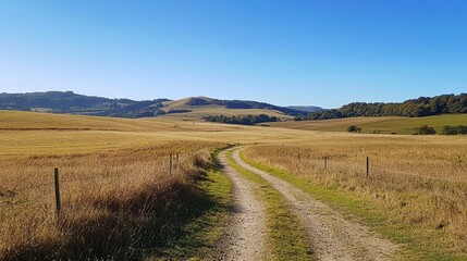 Obraz premium Dirt road winding through golden fields under a clear blue sky, leading to rolling hills.