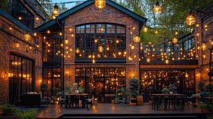 Evening view of a brick house with outdoor patio, string lights, and plants.