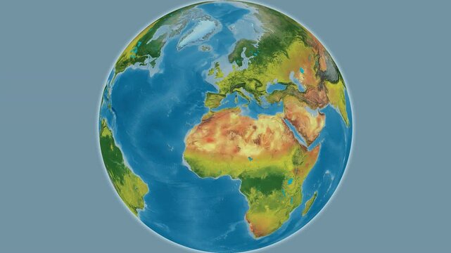 Algeria on the globe. Outline. Topographic map. No labels