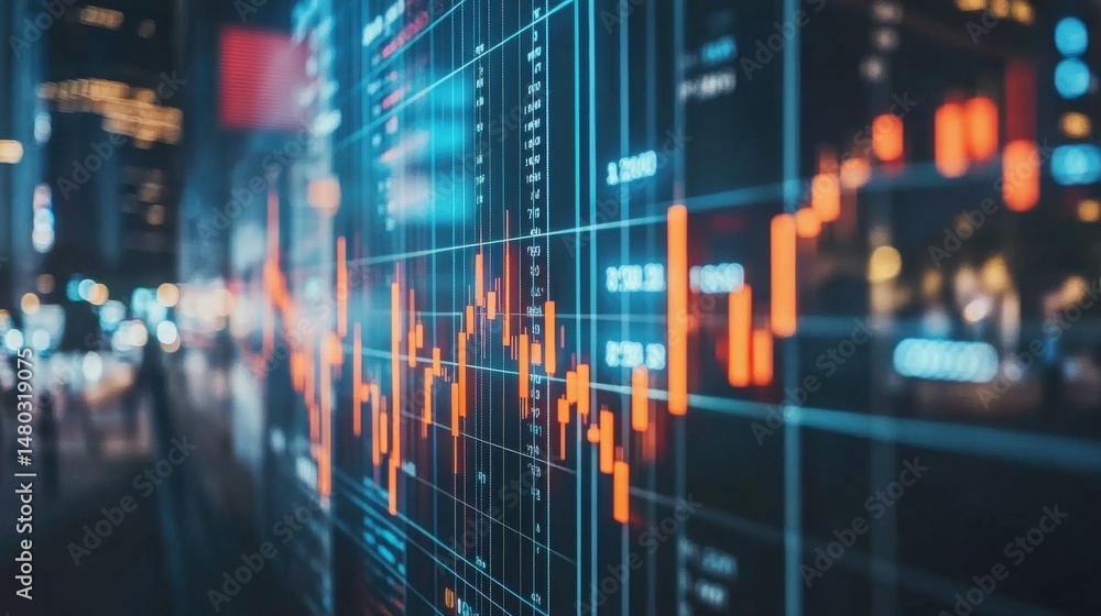 Poster detailed financial data visualization with modern graph and lights