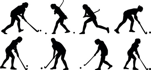 Set of women's hockey game silhouettes