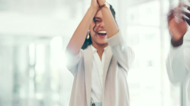 Business people, stack hands and celebration at office with team, applause and happy for goals at company. Men, women and success with cheers, motivation and excited for achievement at finance agency