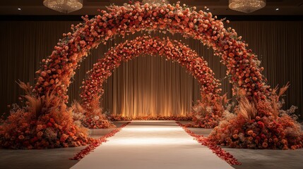 Elegant wedding ceremony archway with orange floral decorations and aisle runner.