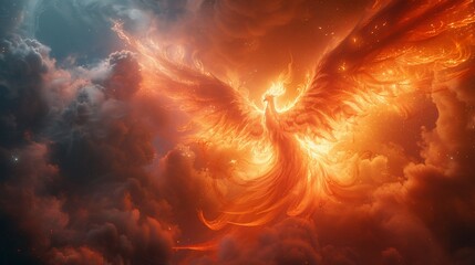Fiery Phoenix Ascending Through Celestial Clouds