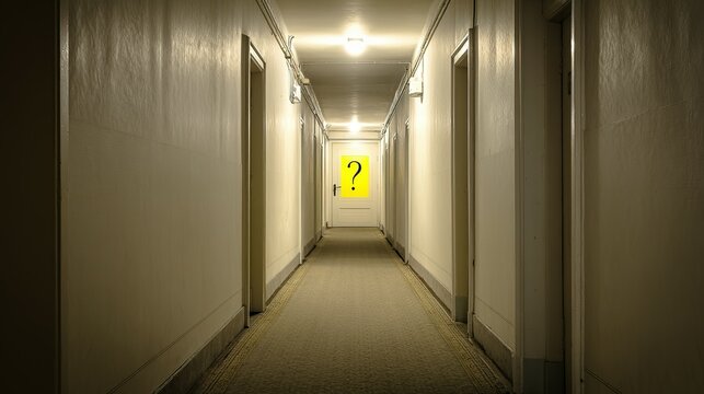 Long hallway with a yellow question mark.