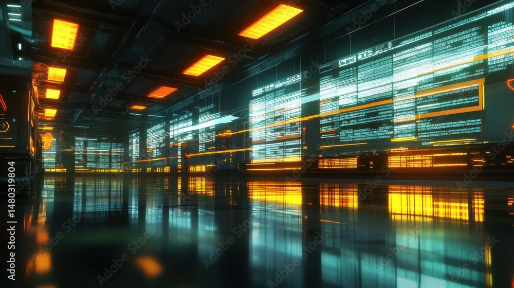 Poster futuristic digital interface in high-tech data center environment
