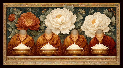 Buddhist Monks in Saffron Robes Engage in Lantern-Lighting Ritual at Twilight in a Temple Courtyard, Depicted in Detailed Tibetan Thangka Painting Style