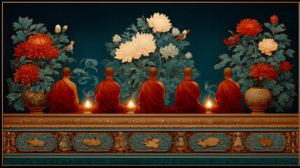 Buddhist Monks in Saffron Robes Perform a Lantern-Lighting Ritual in a Tranquil Temple Courtyard at Twilight, Embodying Serenity Through Thangka Painting Tradition