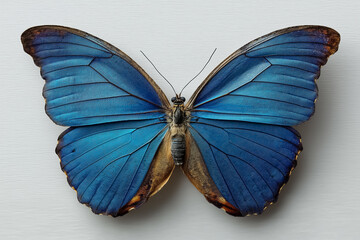 A vibrant blue butterfly perched on an invisible surface, wings spread wide against a plain white background, symbolizing freedom and fragility