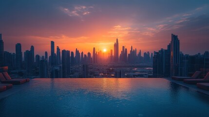 Naklejka premium Rooftop infinity pool overlooking a city skyline at sunset.