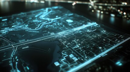 Futuristic Digital Map with Glowing Lines and Cityscape Background