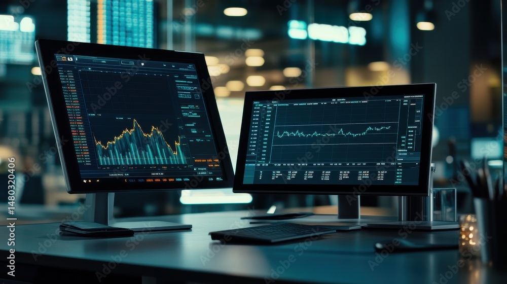 Poster dual computer monitors displaying financial market data and charts