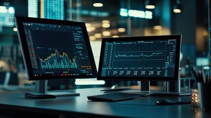 Dual Computer Monitors Displaying Financial Market Data and Charts