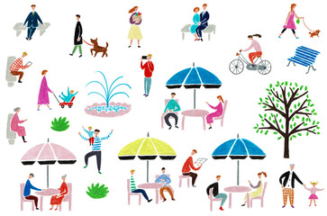 手描きイラストセット　公園に集まる人々