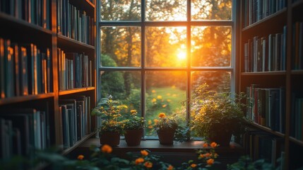 Sunset view through library window with potted plants.