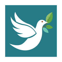 Symbolic white dove carrying olive branch against teal square background for peace concept