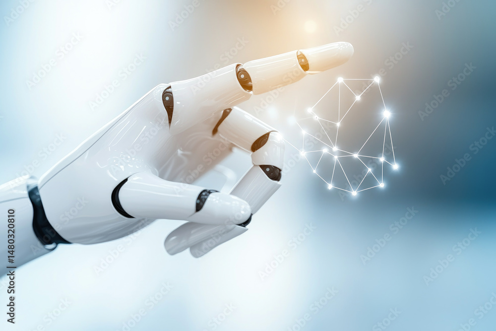 Poster artificial intelligence interaction with human-hand-like robot futuristic lab digital art high-tech 