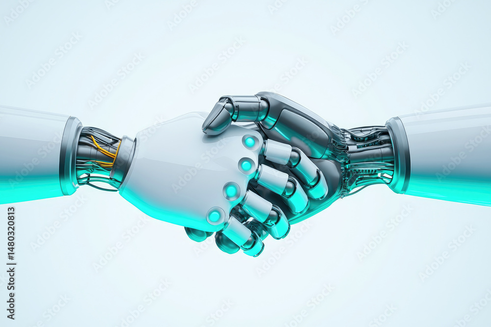 Poster robots collaborate in a futuristic business setting technology innovation digital environment close-