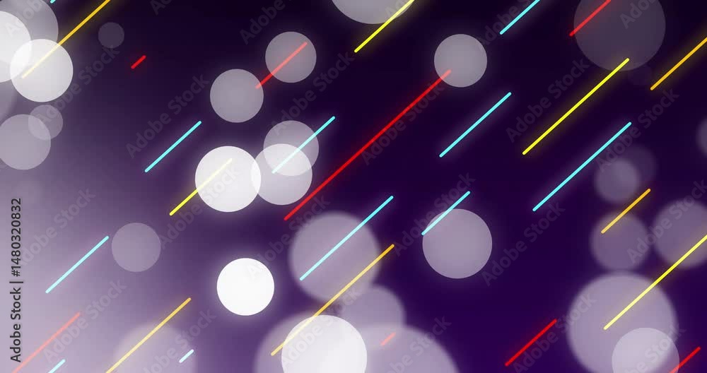 Poster abstract purple gradient being animated with floating circles and slicing neon lines in flat design