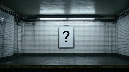 Empty subway station platform with a large question mark poster.