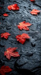 Vibrant red leaves on dark stone