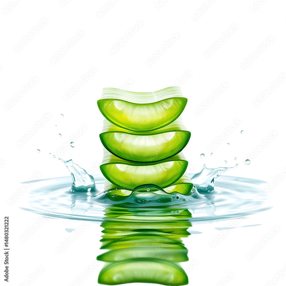 Poster stacked aloe vera slices splashing in water on transparent background