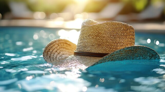 Straw cowboy hat floats on pool water - Powered by Adobe