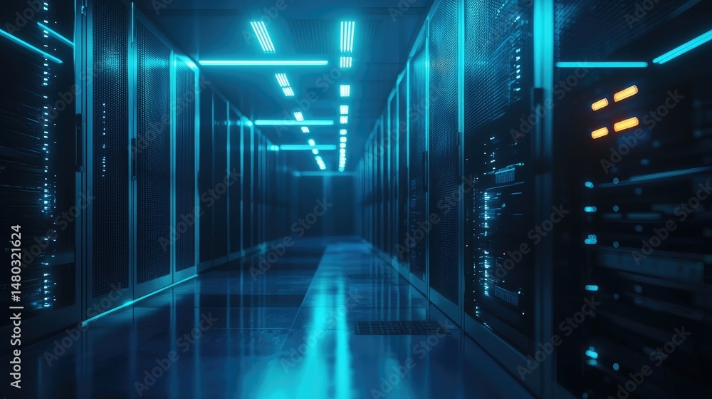 Poster Server room corridor with blue grid ceiling lights and illuminated racks, featuring reflective floors and panels with glowing amber indicators, perfect for tech design themes