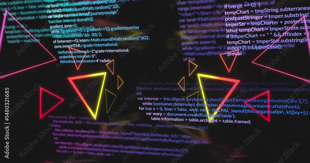 Poster Neon triangles floating across dark field with code streaming creating high-tech abstract display