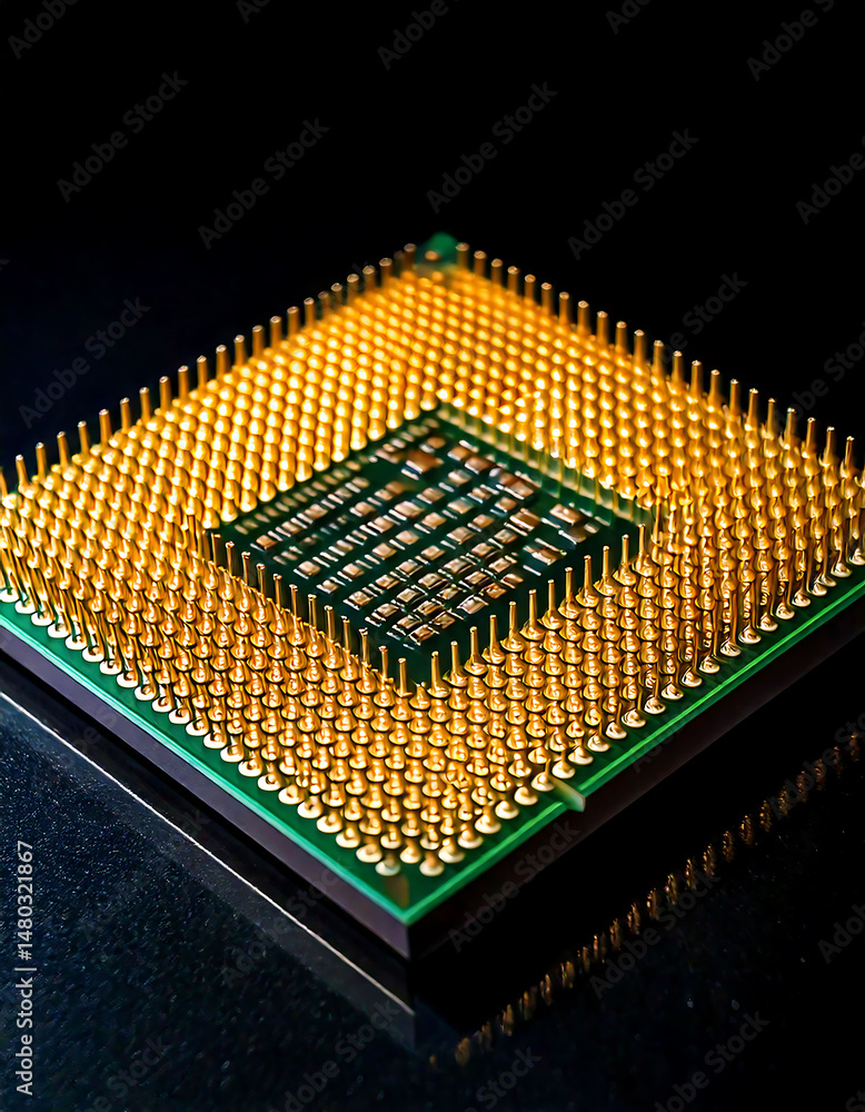 Poster closeup of a goldpinned computer processor on a dark background.