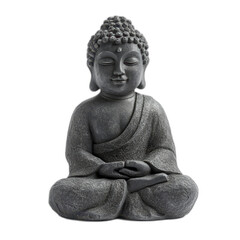 Buddha statue with serene expression, adorned in traditional attire, sitting in lotus position with eyes closed and hands in meditation pose. Isolated on transparent background.