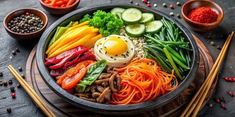 Steaming hot Korean Bibimbap bowl with an assortment of colorful vegetables and savory toppings arranged artfully on a plate , spicy sauce, garnish